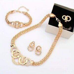 BOLD Rhinestone Necklace Earrings Bracelet Ring 5pc Set Weave Trendy Statement